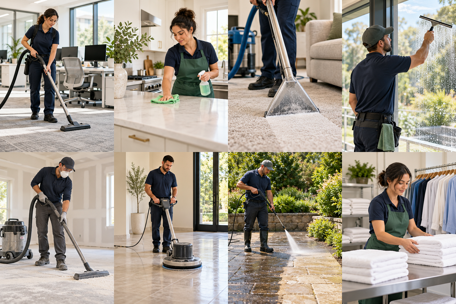 Cleaner wiping a kitchen counter with a microfiber cloth — illustrative scene